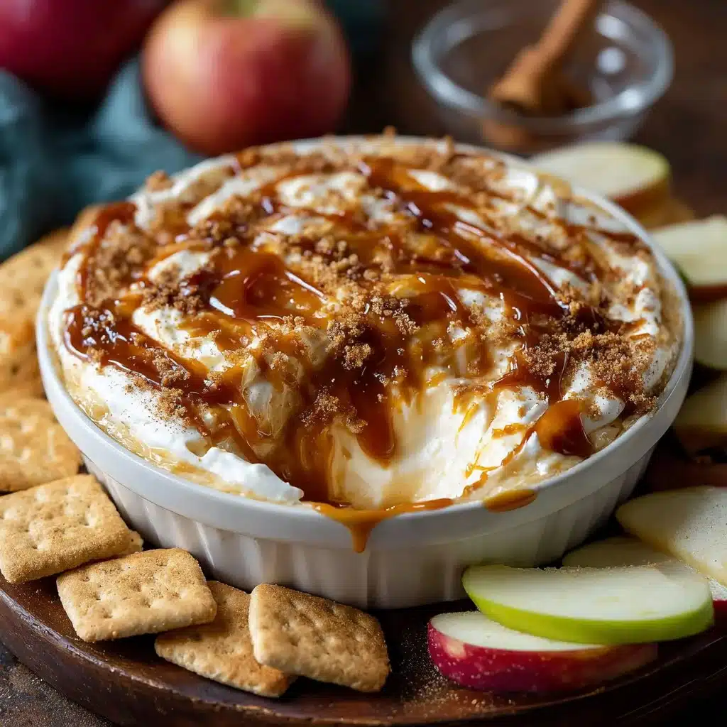 Melting caramel apple cheesecake dip served with apple slices and crackers