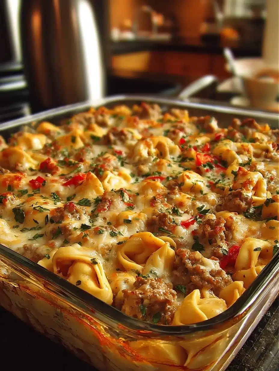 Cheesy Beef Tortellini Bake with melted cheese and beef filling