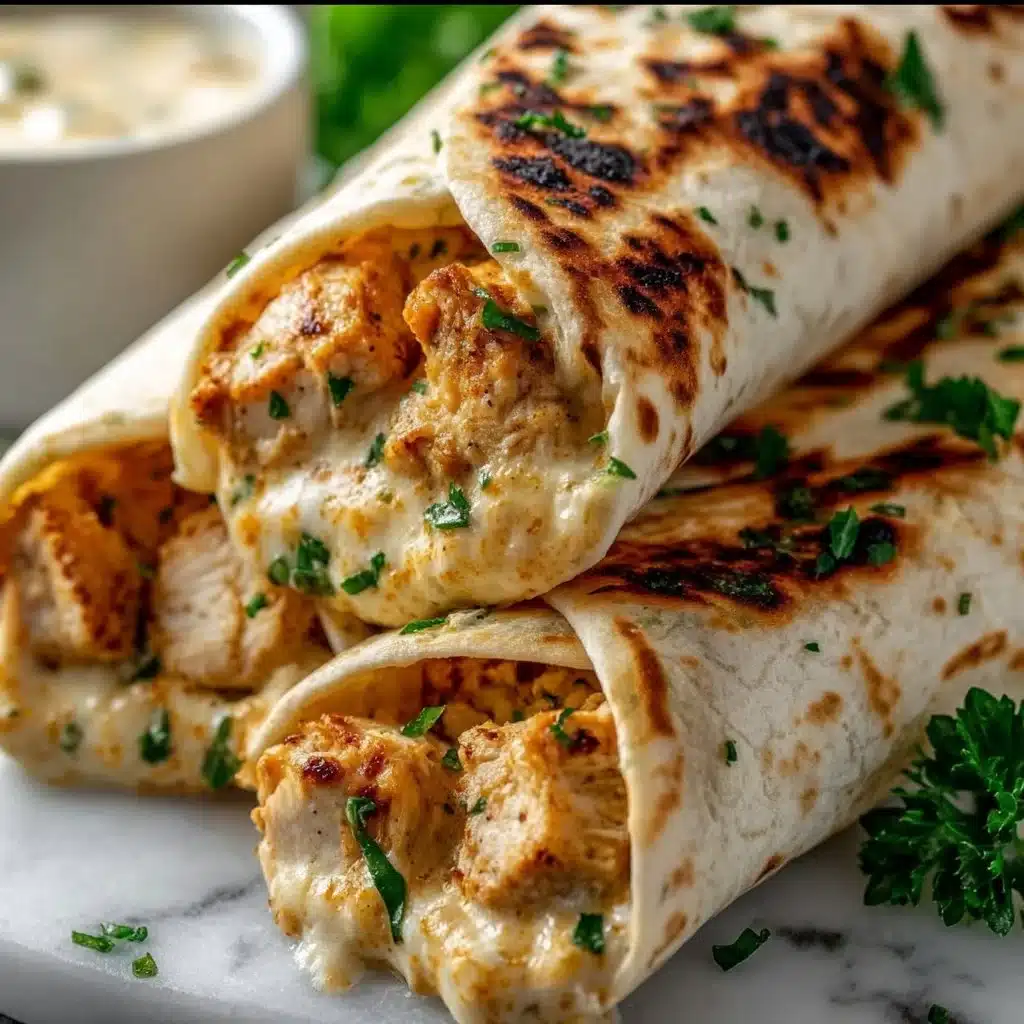 Cheesy garlic chicken wraps served on a plate with fresh herbs and a side salad
