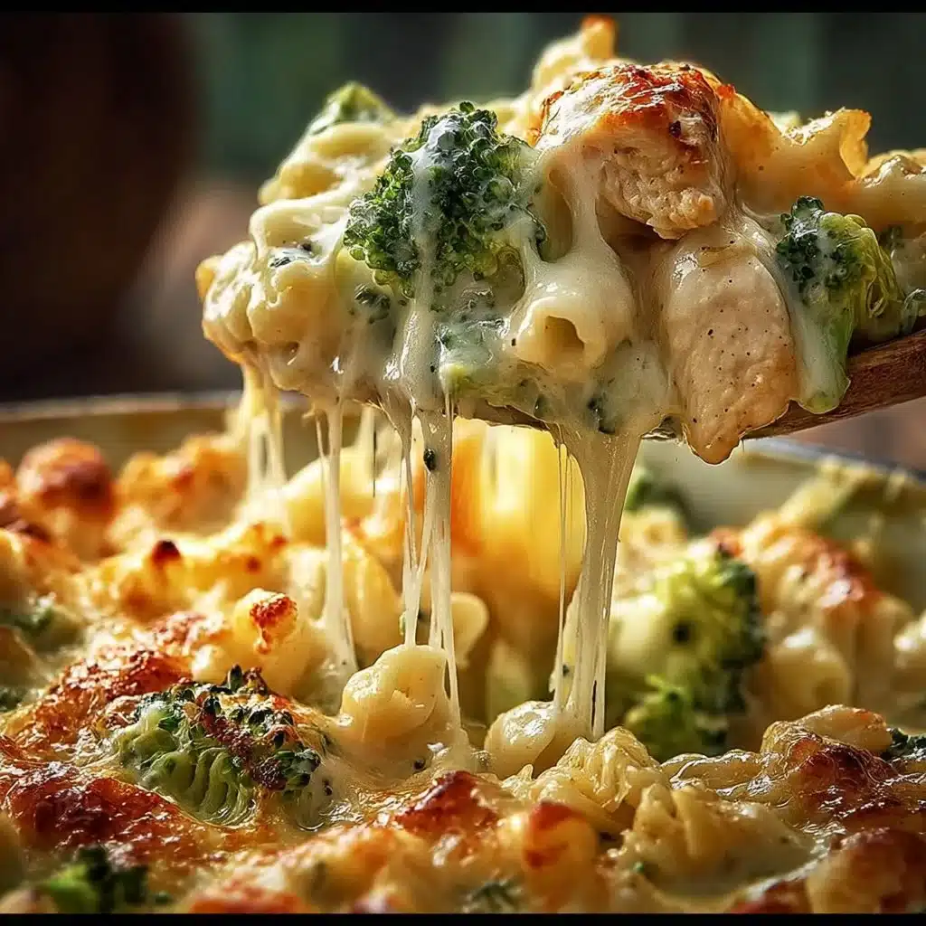 Creamy Chicken and Broccoli Alfredo Bake topped with cheese.