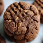 Fresh chocolate peanut butter cookies stacked on a tray