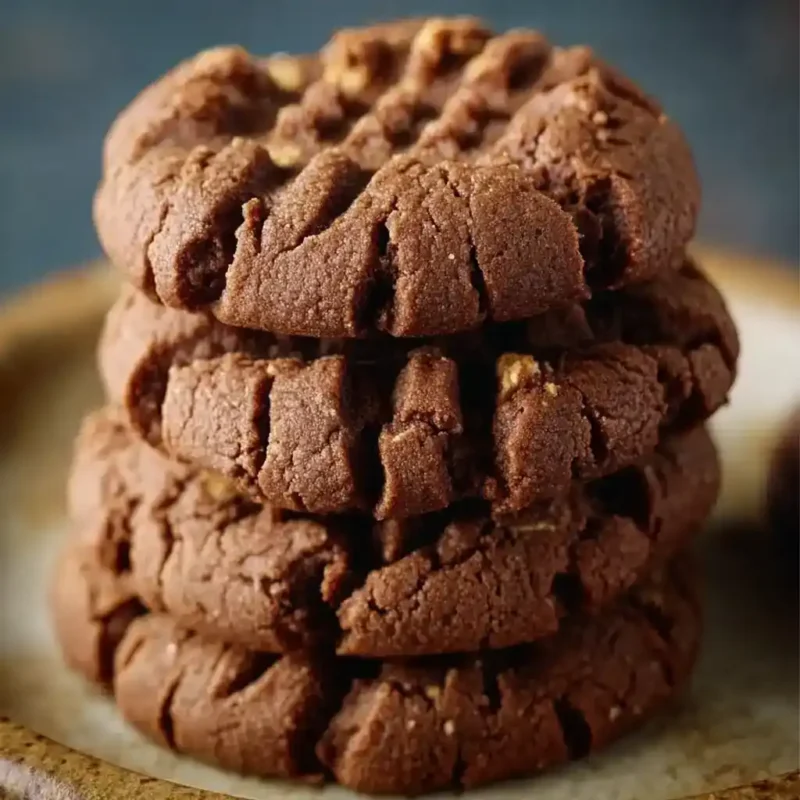 Fresh chocolate peanut butter cookies stacked on a tray