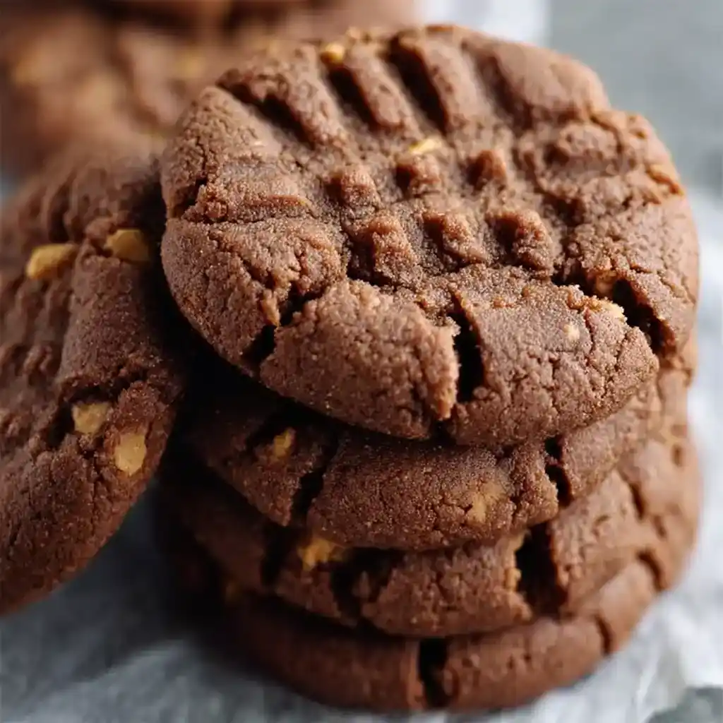 Fresh chocolate peanut butter cookies stacked on a tray