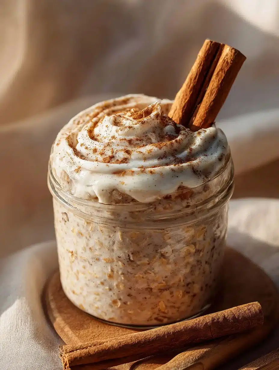 Bowl of cinnamon roll overnight oats topped with cinnamon and nuts