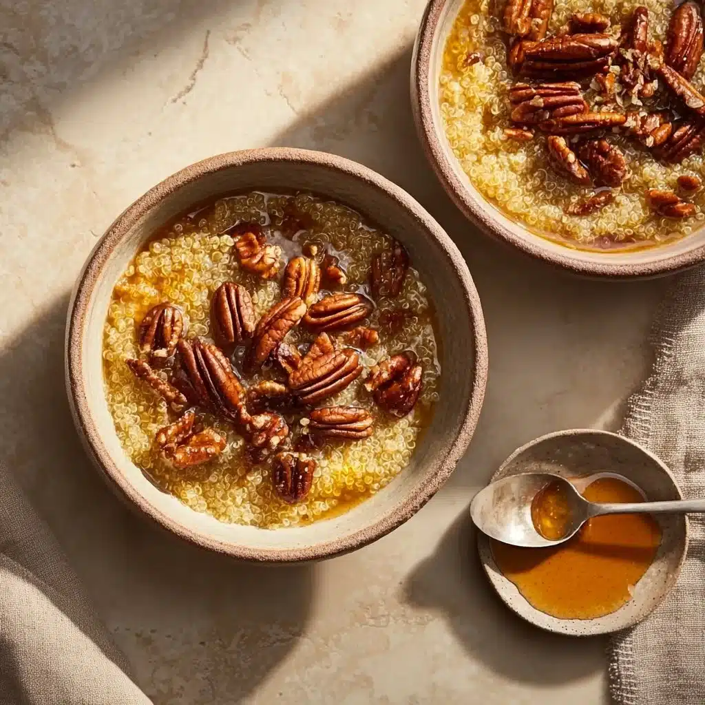 Bowl of Cinnamon Toast Breakfast Quinoa topped with toppings and spices.