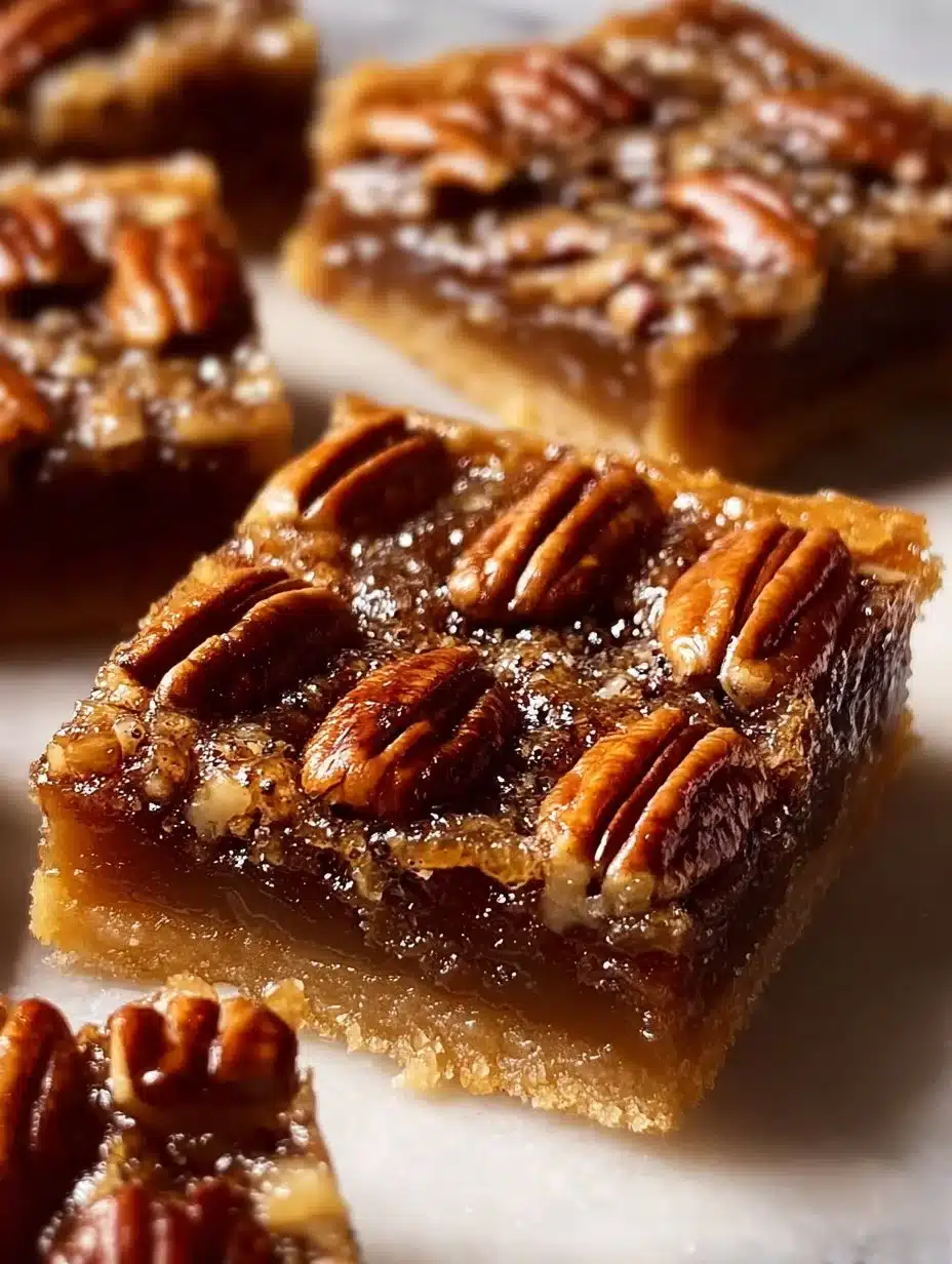 Slice of classic pecan pie with pecans on top and golden crust