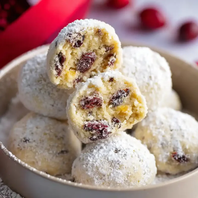 Inside view of cranberry orange snowball cookies with cranberries and orange zest