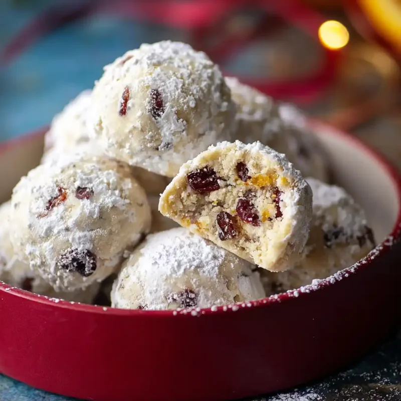 Cranberry orange snowball cookies dusted with powdered sugar
