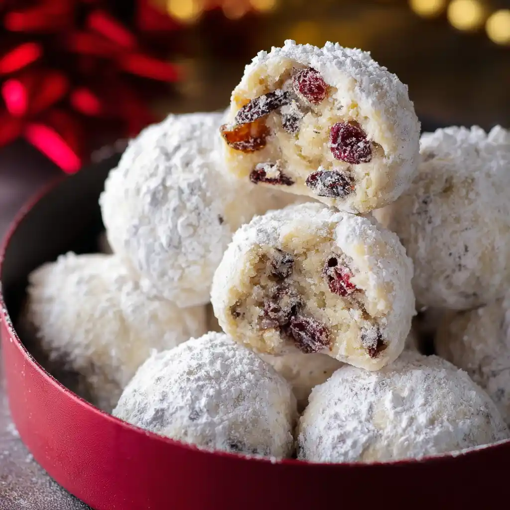 Cranberry orange snowball cookies dusted with powdered sugar