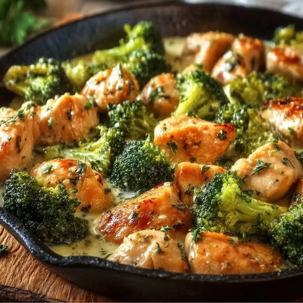 Creamy garlic chicken and broccoli skillet in a frying pan