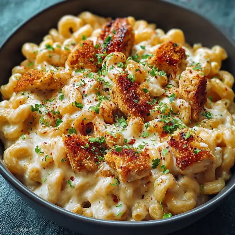 creamy honey pepper chicken mac and cheese in skillet