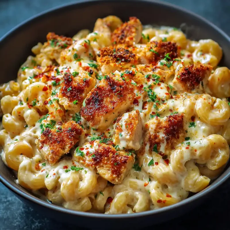 creamy honey pepper chicken mac and cheese in skillet