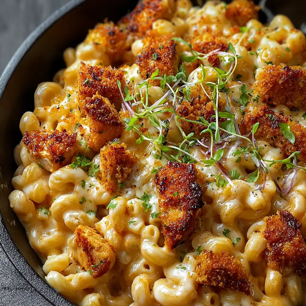 creamy honey pepper chicken mac and cheese in skillet
