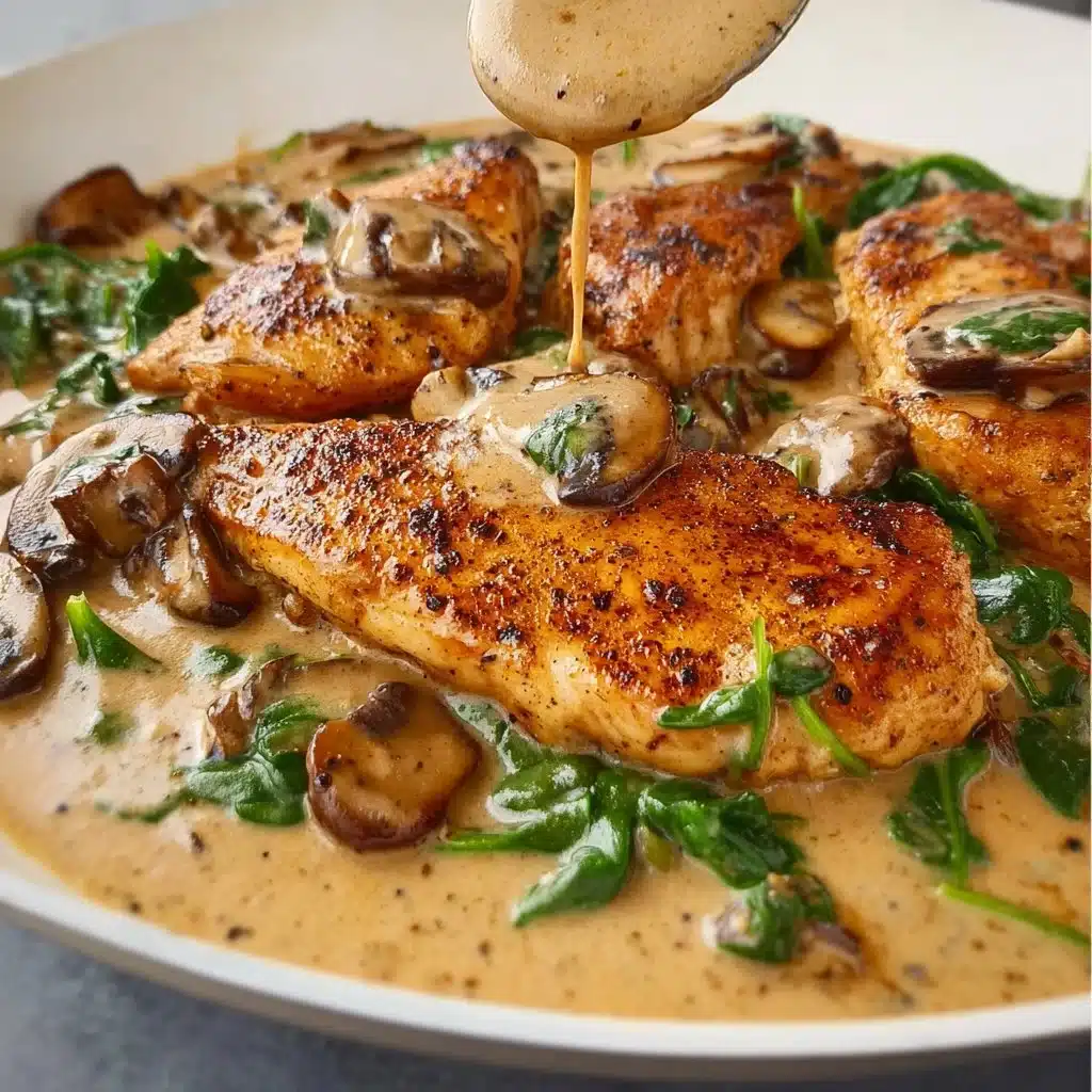 Creamy mushroom chicken dish served on a plate with herbs
