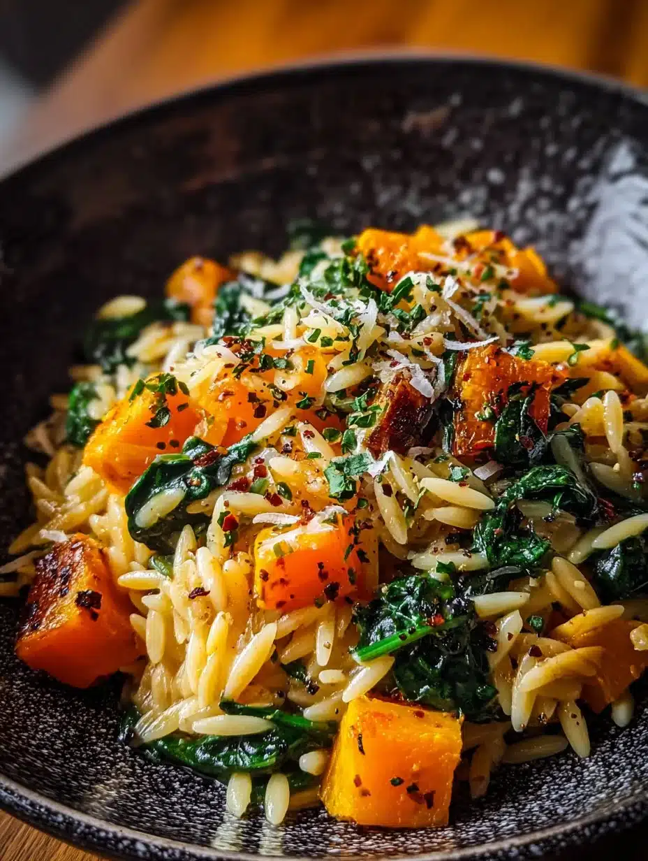 Creamy orzo with roasted butternut squash and spinach in a bowl.