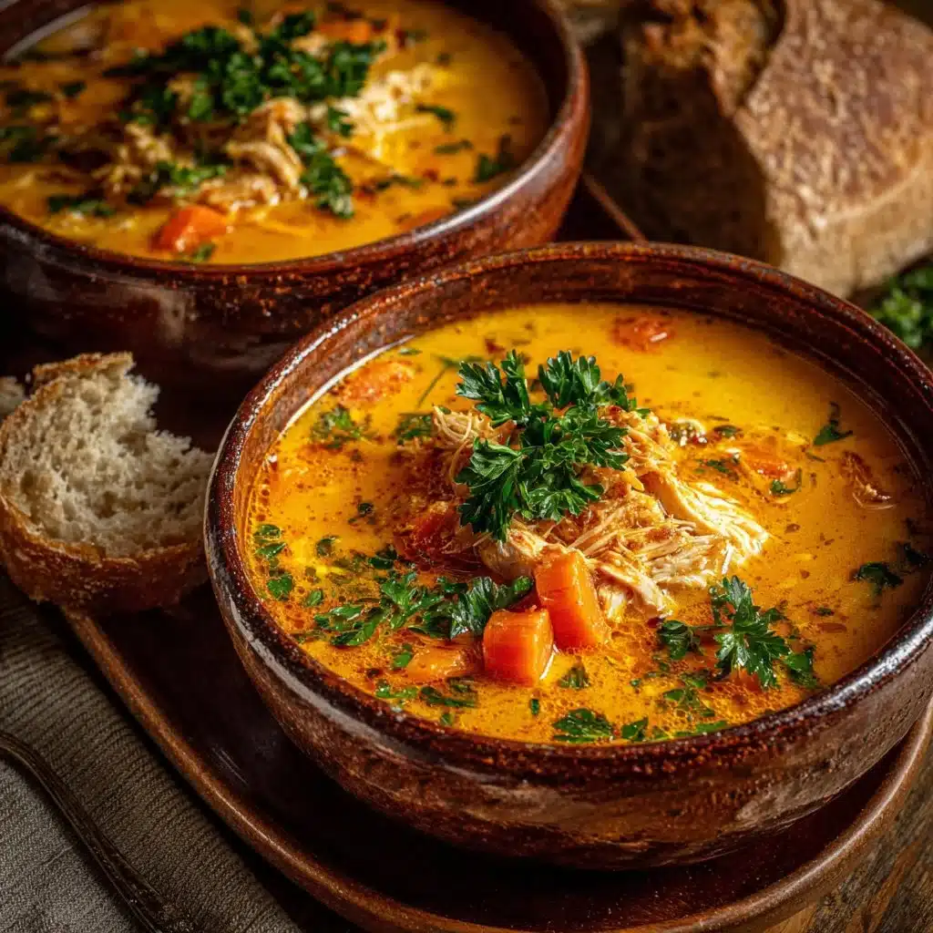 Bowl of creamy pumpkin chicken soup garnished with herbs, perfect for cozy meals.