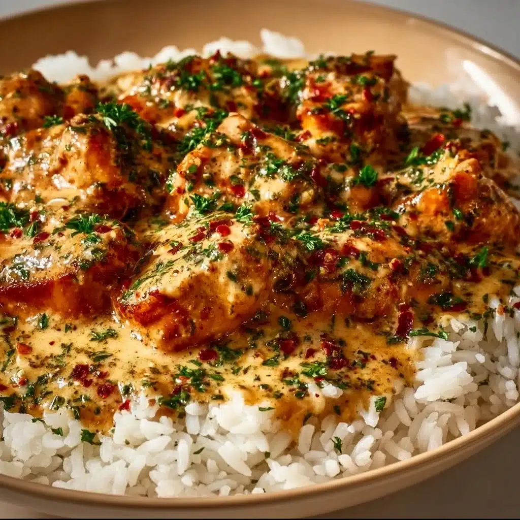 Plate of creamy smothered chicken served over fluffy rice.