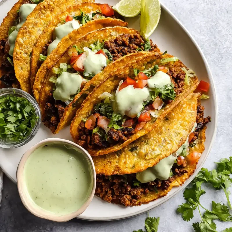 Crispy baked ground turkey tacos with avocado sauce