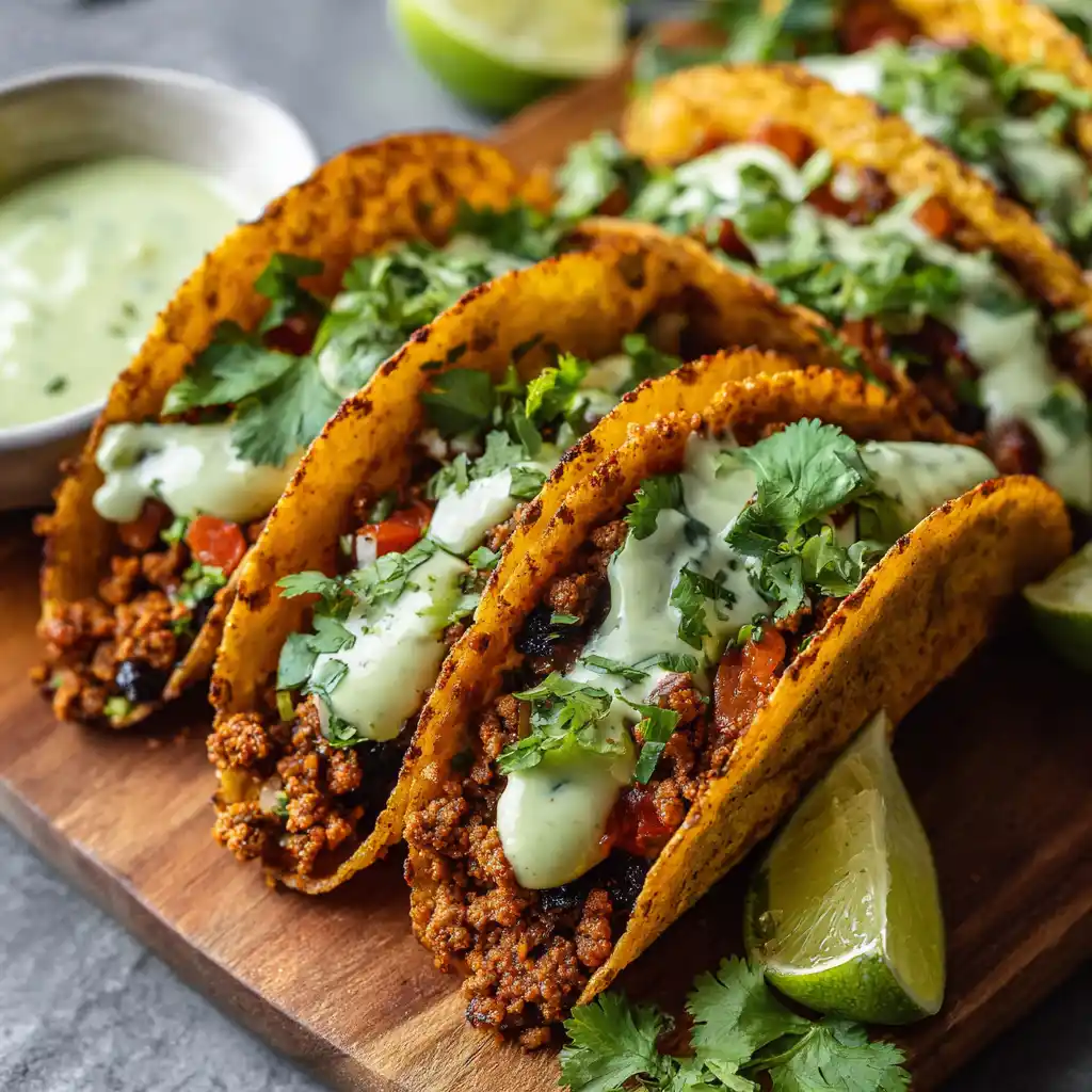 Crispy baked ground turkey tacos with avocado sauce