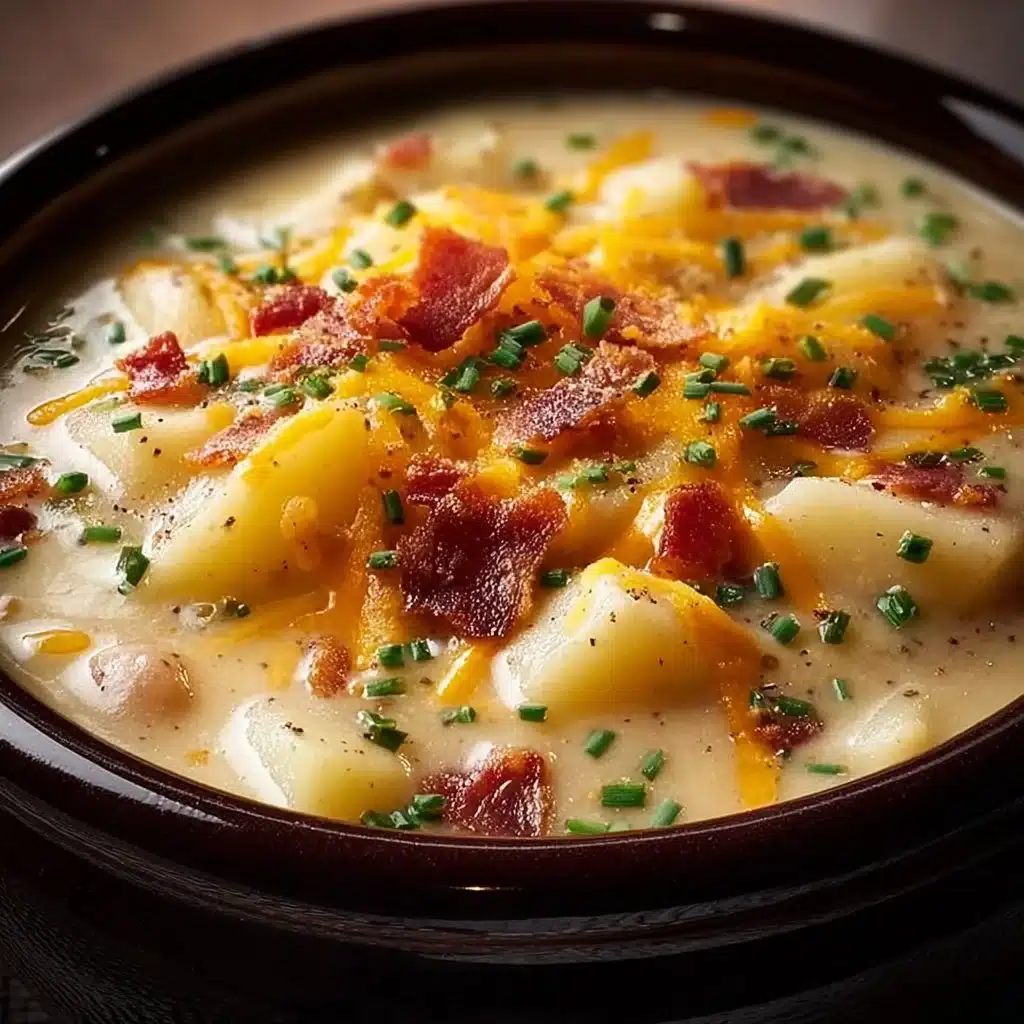 Bowl of creamy Crock Pot Crack Potato Soup garnished with herbs.