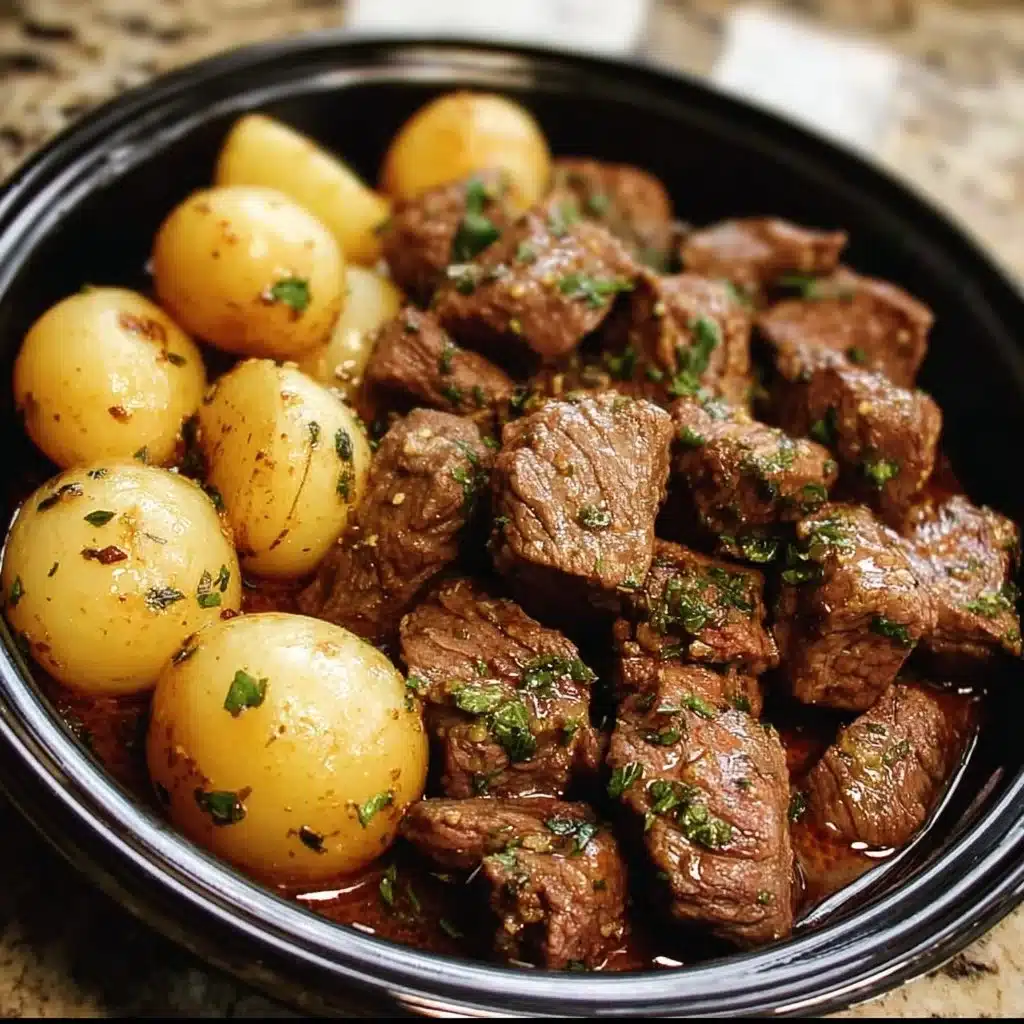 Crockpot garlic butter beef bites with potatoes in a savory sauce.