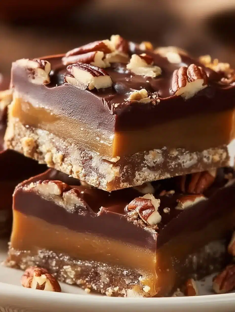 Decadent pecan turtle bars with chocolate and caramel topping
