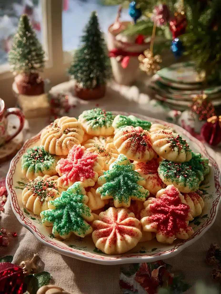 Delicious Easy Christmas Spritz Cookies decorated with festive colors.