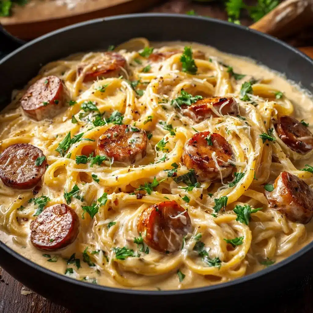 Delicious creamy Cajun sausage pasta served in a bowl, garnished with parsley.
