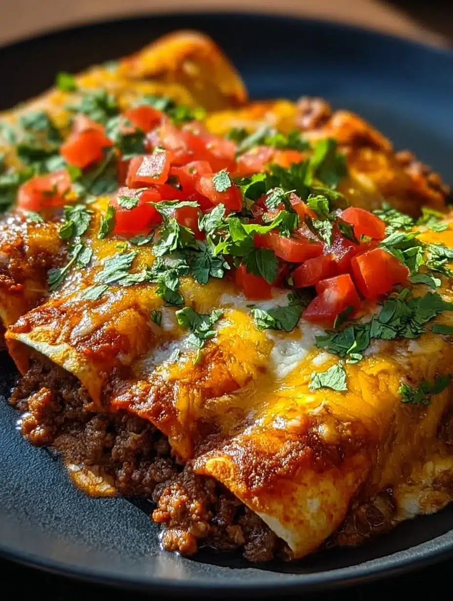 Delicious easy ground beef enchiladas topped with cheese and sauce