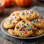Easy Halloween Chocolate Chip Cookies with sprinkles and candy eyes