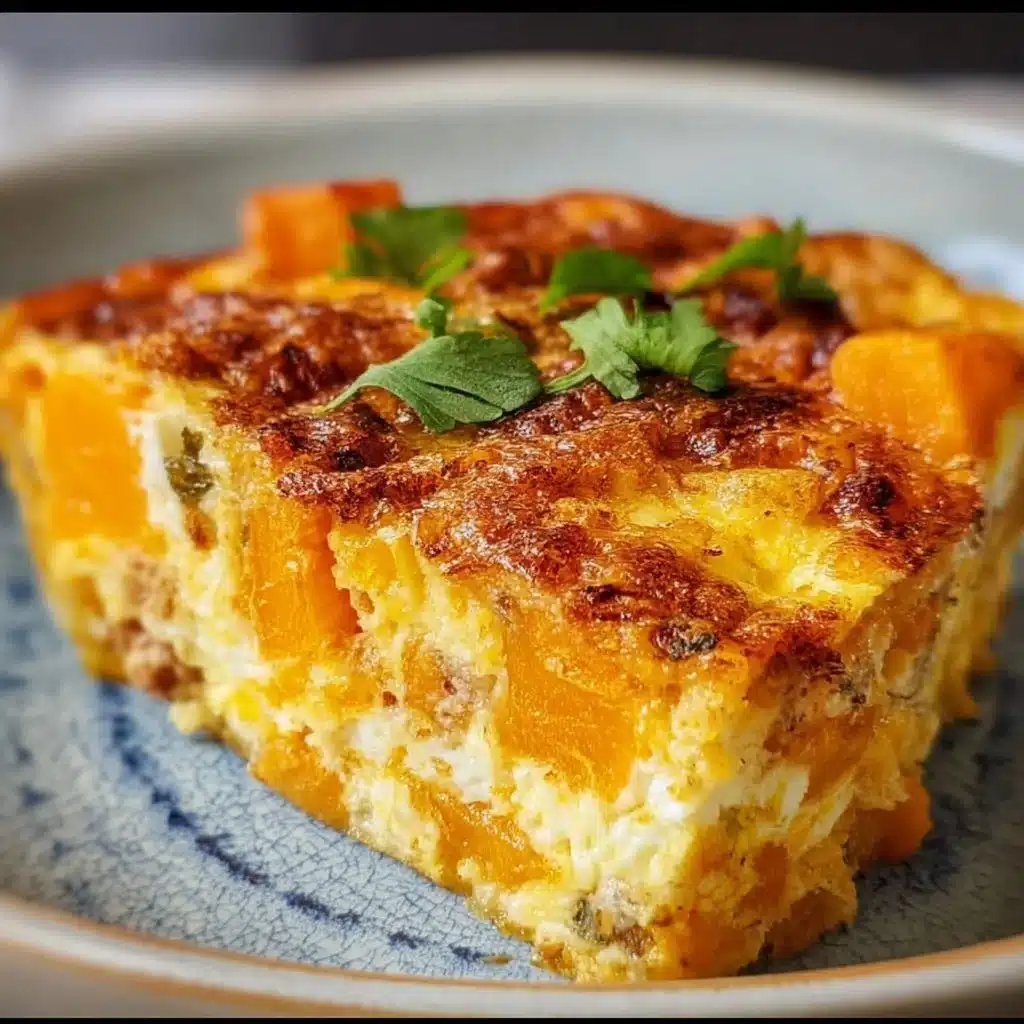 Easy sweet potato egg casserole served in a dish with toppings.