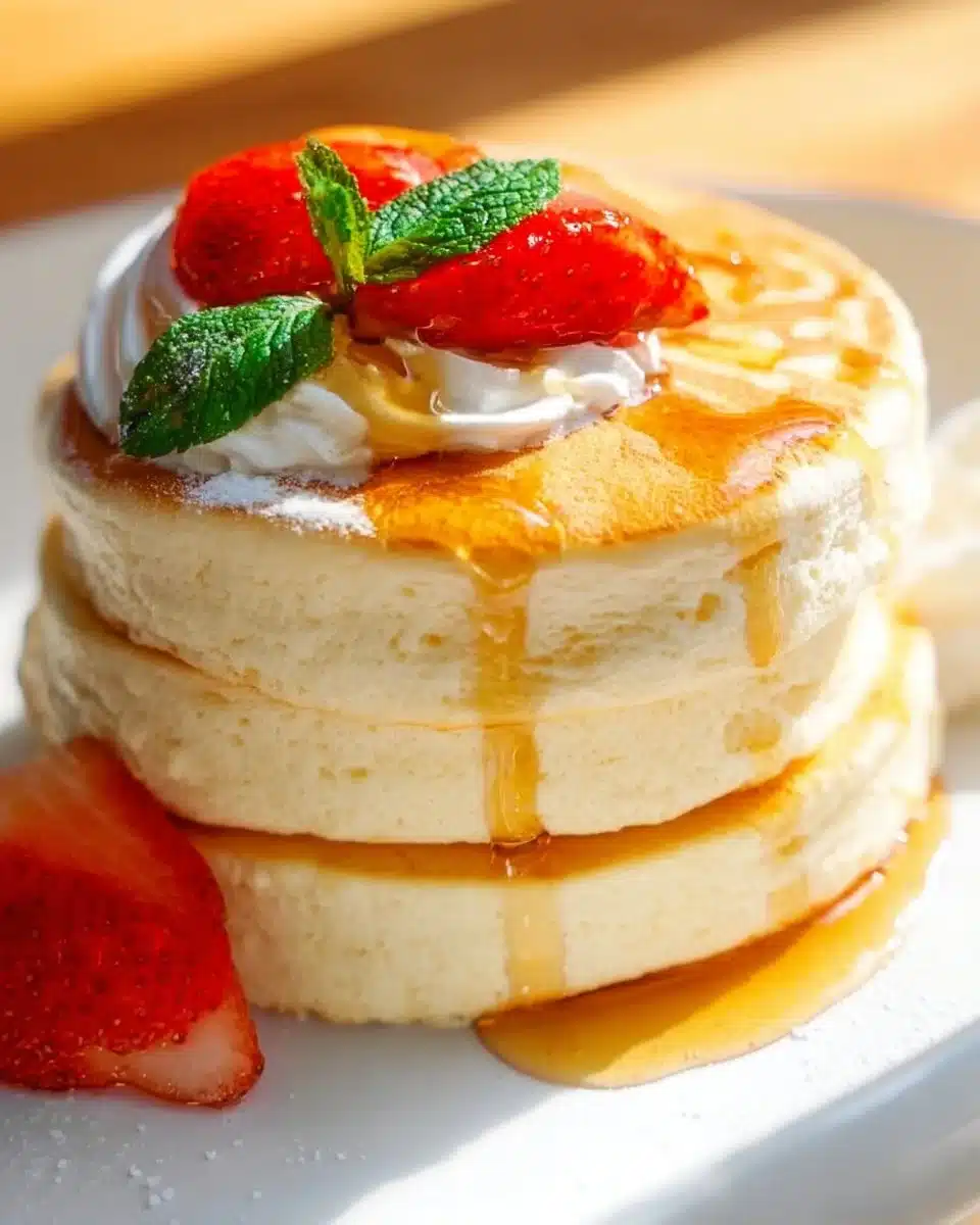 Fluffy Japanese soufflé pancakes stacked high on a plate with syrup