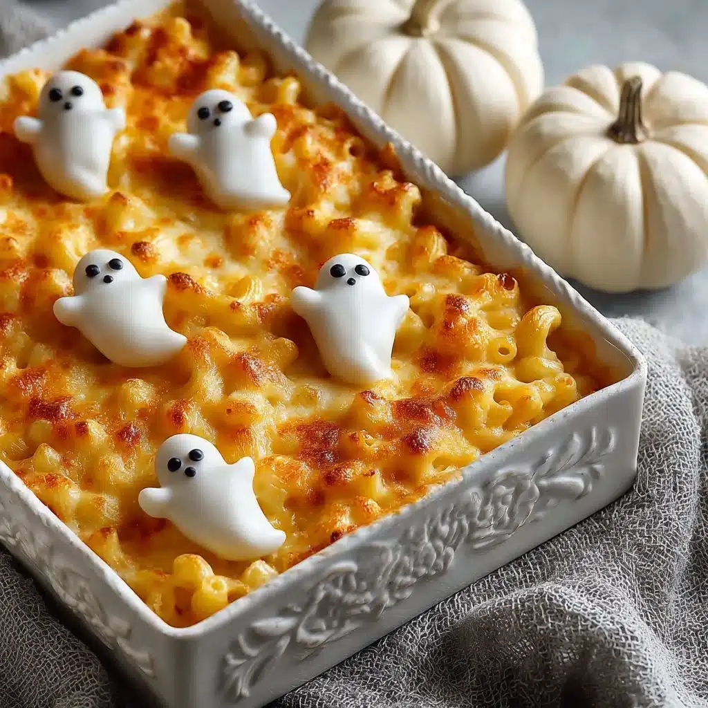 Baked mac and cheese dish with spooky Halloween theme