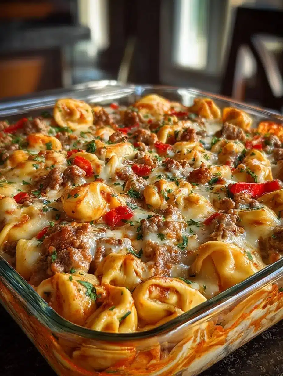 Golden Cheese Steak Tortellini Casserole fresh out of the oven