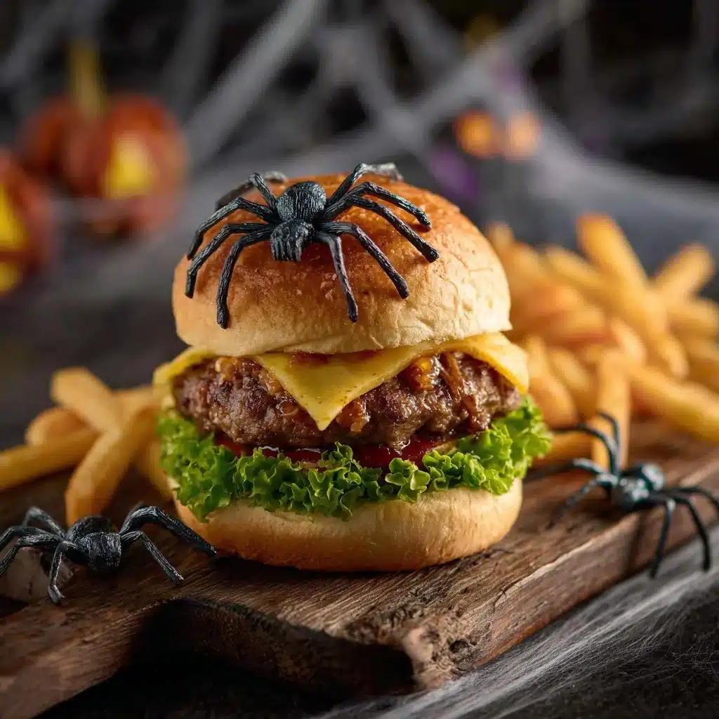 A plate of spooky Halloween burgers decorated with themed toppings.