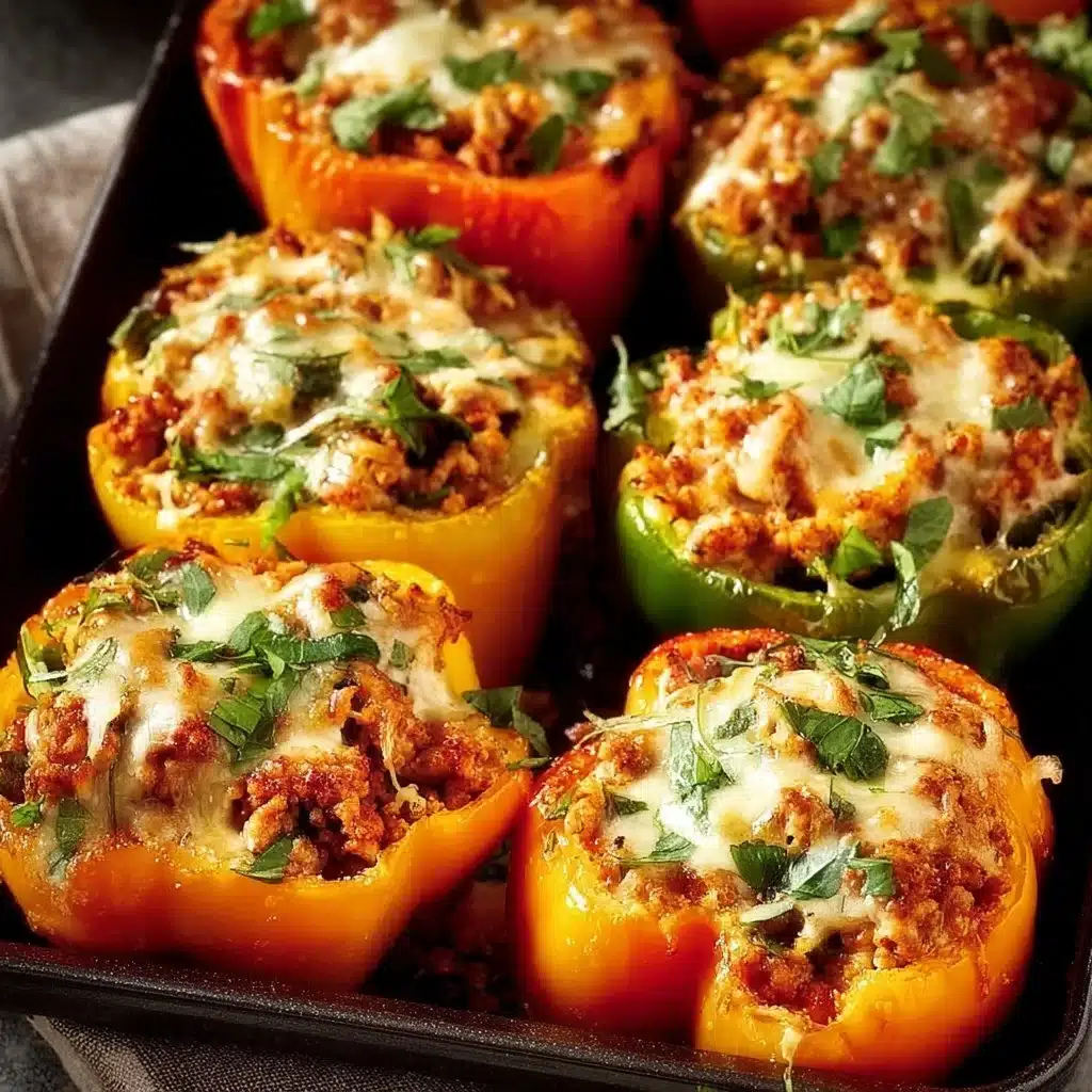 Ground turkey stuffed peppers placed on a plate, garnished and ready to serve.