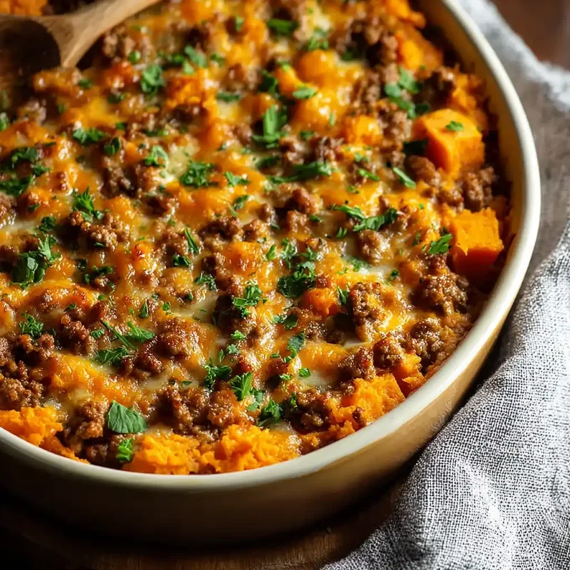Ground Turkey Sweet Potato Casserole baked with cheese