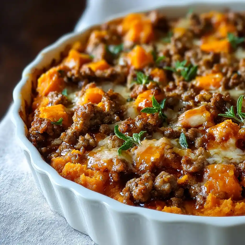 Ground Turkey Sweet Potato Casserole baked with cheese