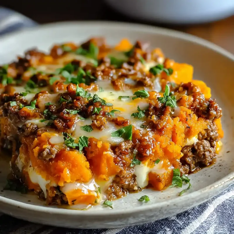Ground turkey sweet potato casserole served on a plate