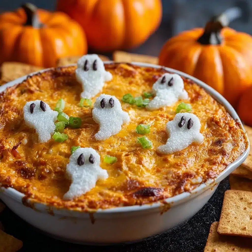 Halloween Buffalo Chicken Dip served in a spooky platter for a festive gathering.