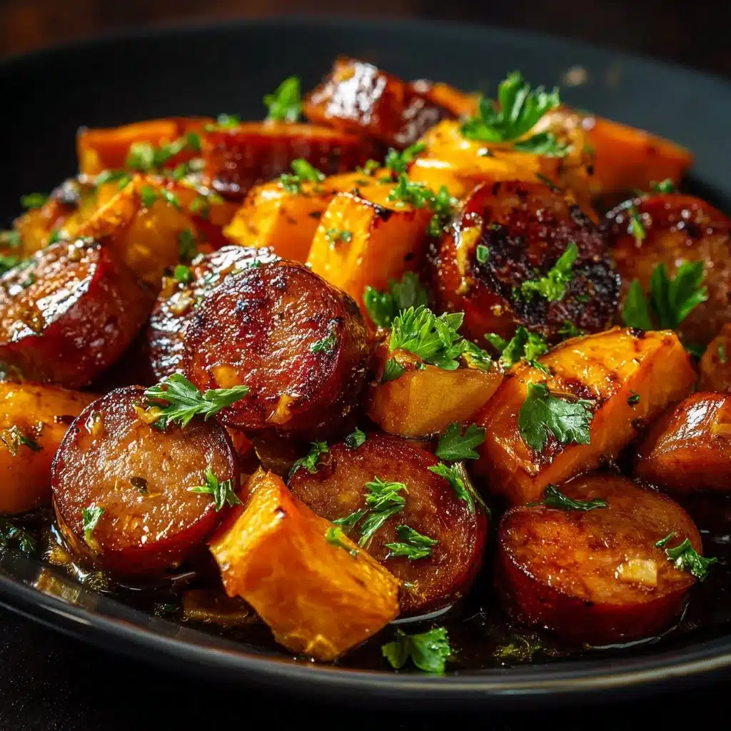 Delicious Honey Garlic Sausage served with roasted Sweet Potatoes