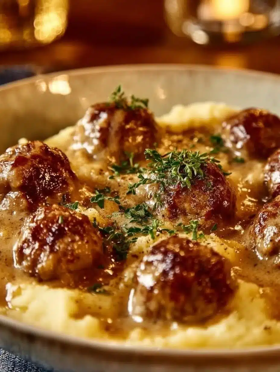 Delicious meatball and mashed potato bake in a casserole dish