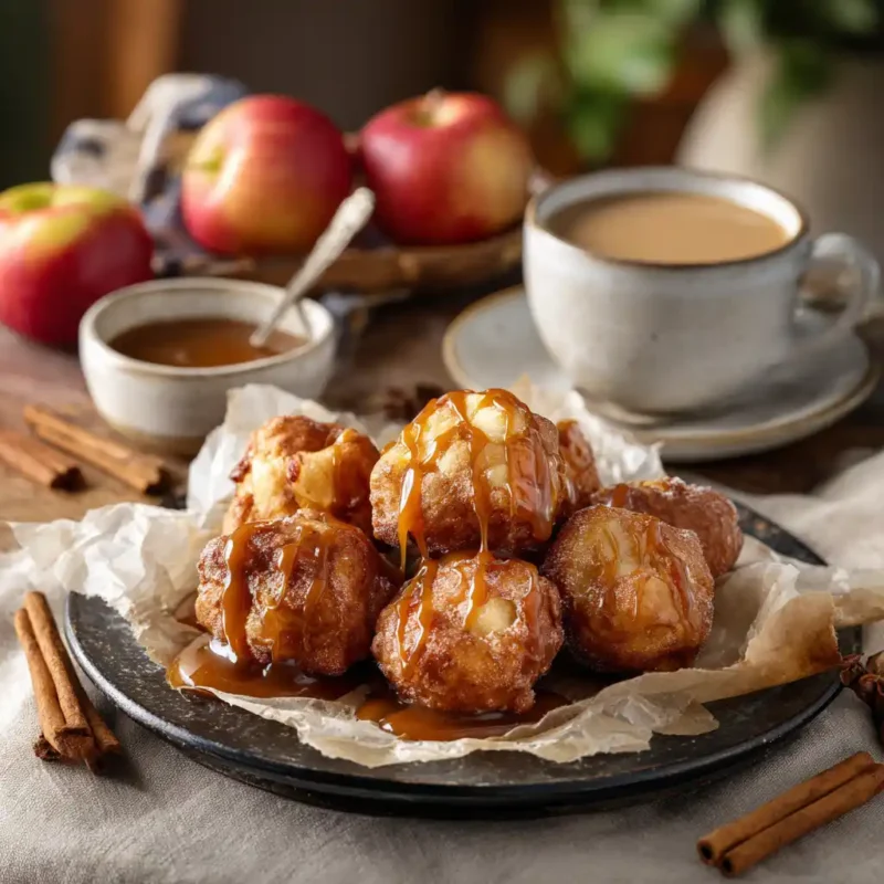 Mini apple fritters served with caramel dip and chai latte