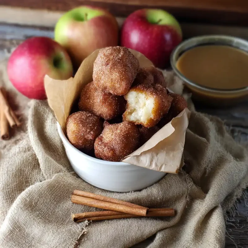Mini cinnamon apple fritters in a white bowl with maple cinnamon sugar