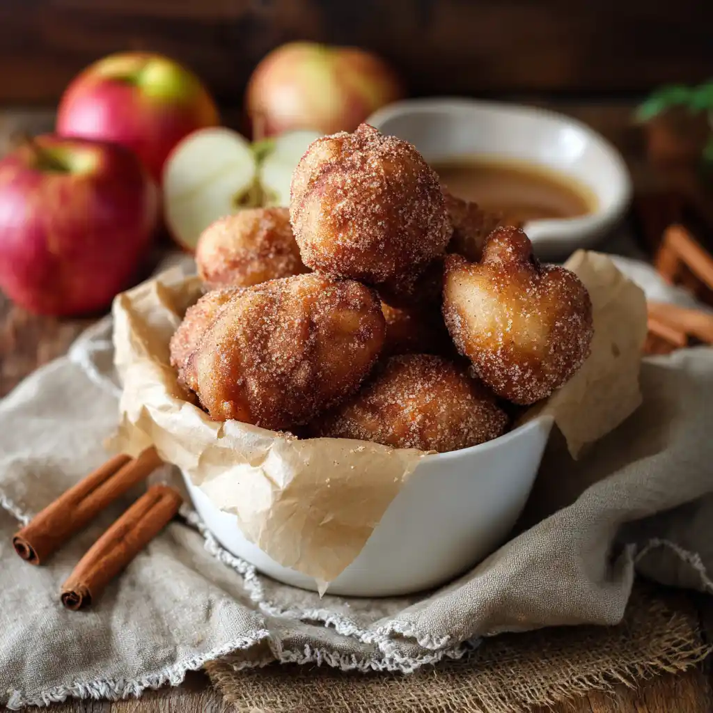 Mini cinnamon apple fritters in a white bowl with maple cinnamon sugar