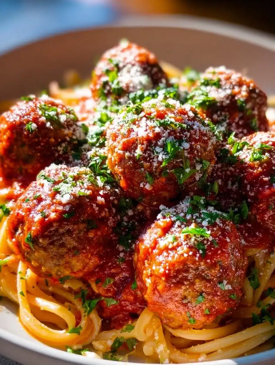 Delicious oven-baked Italian meatballs on a plate with sauce and herbs