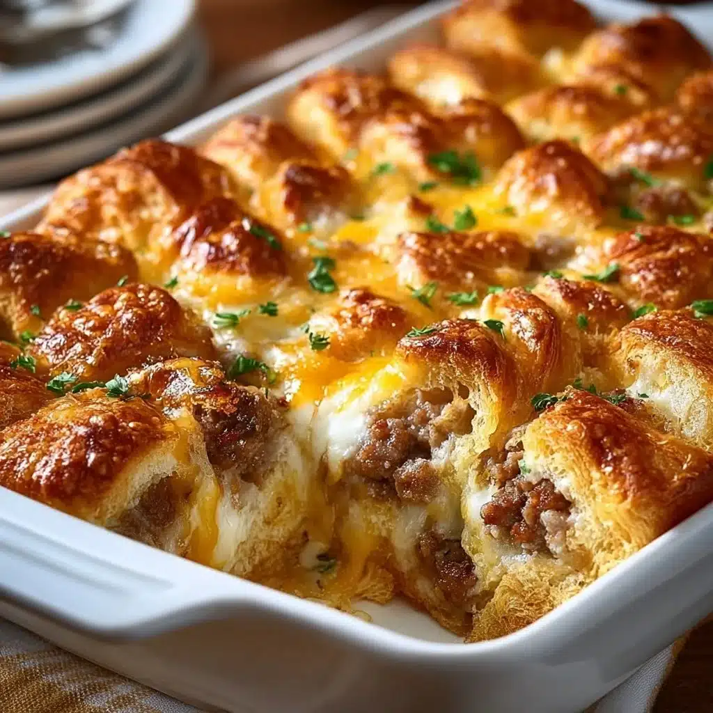 Delicious overnight croissant breakfast casserole topped with cheese and herbs