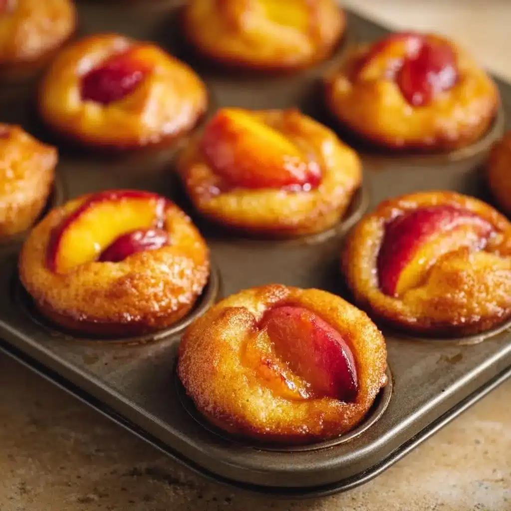 Delicious peach upside down mini cakes served on a colorful plate.