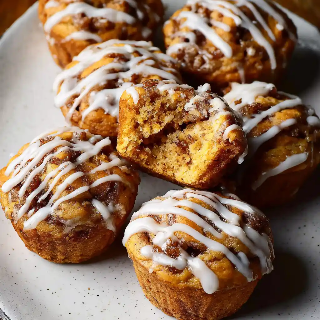 Pumpkin cinnamon roll muffins on a rustic table with cinnamon swirl