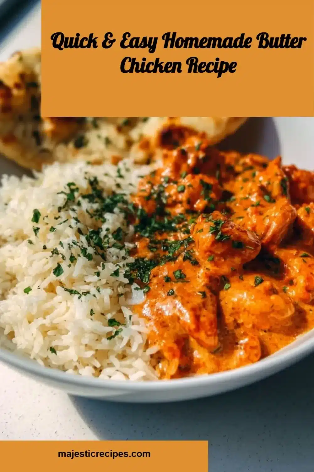 Delicious homemade butter chicken served with rice and naan bread